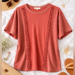 Gilded Intent Terracotta Lattice Detail Short Sleeve Knit Top Size M